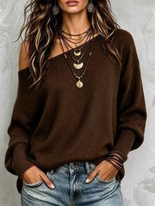 LUMIGAL Women's Loose Asymmetrical Shoulder Dropped Shoulder Ribbed Cuff Long Sleeve Hem Slouchy Sweater Thanksgiving Going Out Dark Brown Autumn Casual - Coffee Brown - View 1