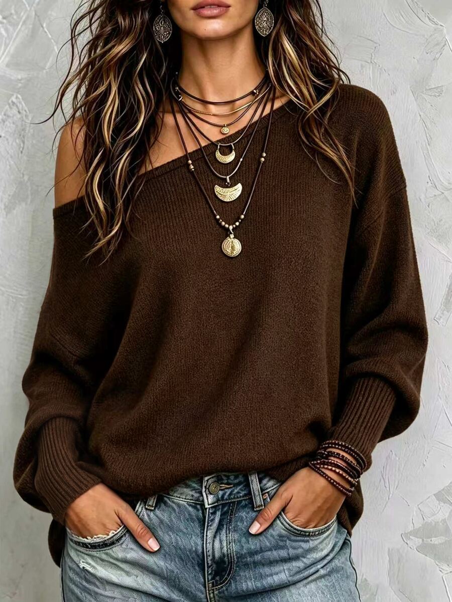 LUMIGAL Women's Loose Asymmetrical Shoulder Dropped Shoulder Ribbed Cuff Long Sleeve Hem Slouchy Sweater Thanksgiving Going Out Dark Brown Autumn Casual - Coffee Brown - View 1