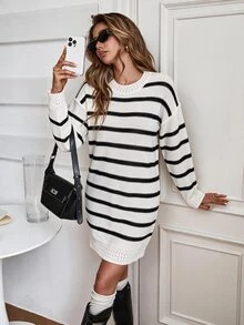 SHEIN Unity Spring/Summer College Sports Style Black & White Striped Round Neck Knit Pullover Thin Sweater Dress For Women - Black and White - View 3