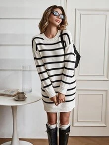 SHEIN Unity Spring/Summer College Sports Style Black & White Striped Round Neck Knit Pullover Thin Sweater Dress For Women - Black and White - View 1