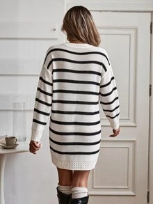 SHEIN Unity Spring/Summer College Sports Style Black & White Striped Round Neck Knit Pullover Thin Sweater Dress For Women - Black and White - View 2