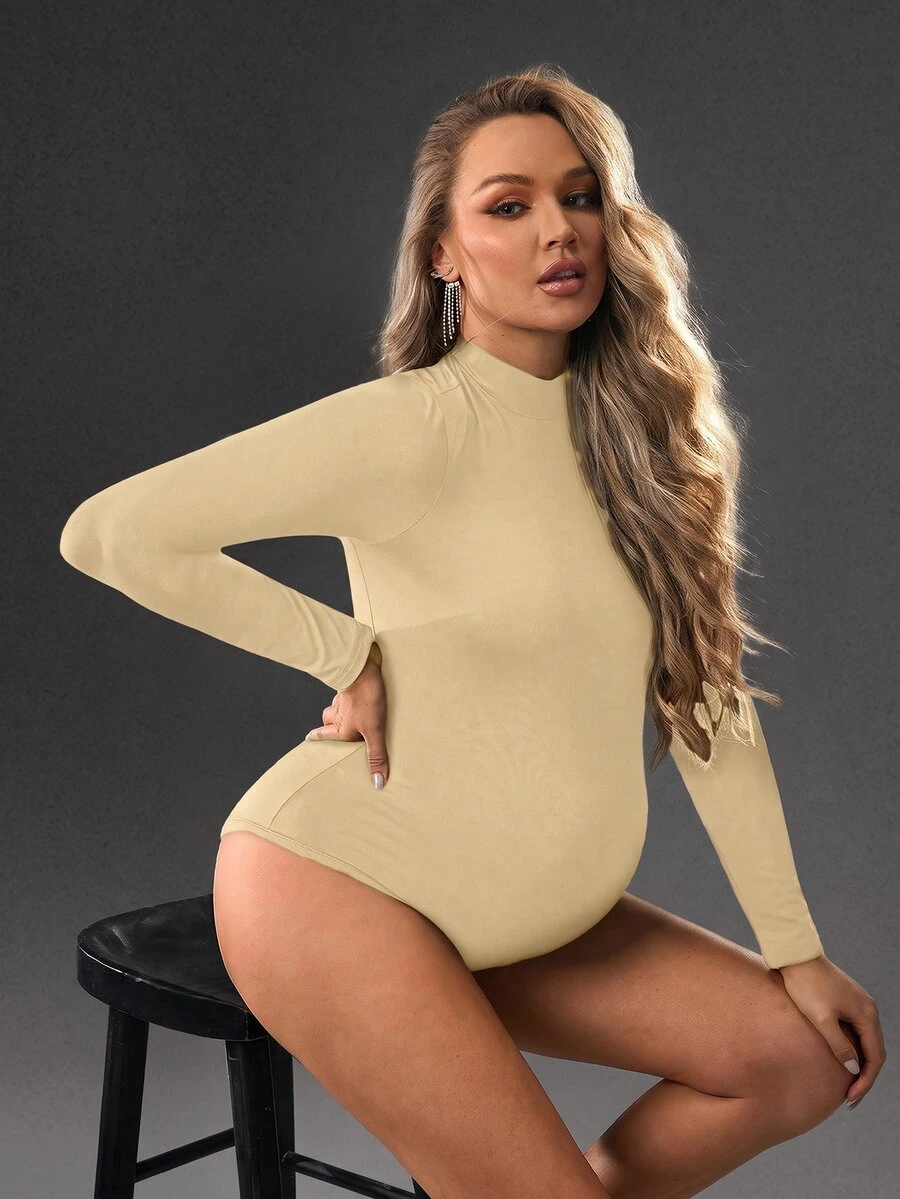 Cheriluna Maternity Maternity Solid Color Stand Collar Long Sleeve Casual Jumpsuit - Apricot - View 1