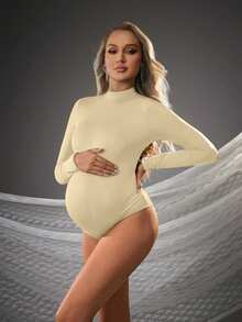 Cheriluna Maternity Maternity Solid Color Stand Collar Long Sleeve Casual Jumpsuit - Apricot - View 5