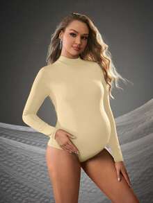 Cheriluna Maternity Maternity Solid Color Stand Collar Long Sleeve Casual Jumpsuit - Apricot - View 4