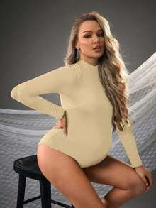 Cheriluna Maternity Maternity Solid Color Stand Collar Long Sleeve Casual Jumpsuit - Apricot - View 2