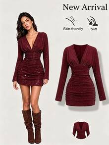 StreetHx Y2K Sexy Elegant Party Commute Textured Fabric Glitter Dress - Burgundy - View 8