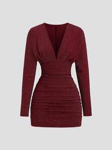 StreetHx Y2K Sexy Elegant Party Commute Textured Fabric Glitter Dress - Burgundy - View 1