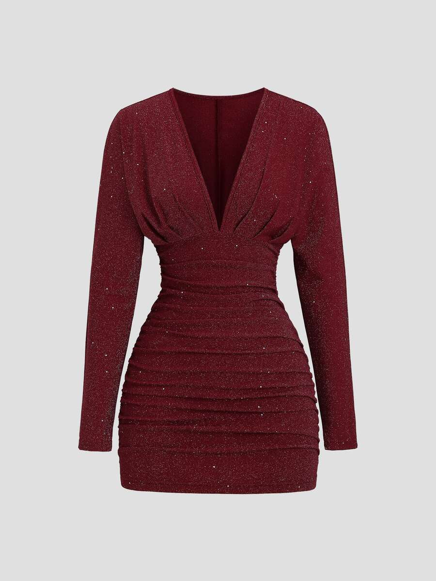 StreetHx Y2K Sexy Elegant Party Commute Textured Fabric Glitter Dress - Burgundy - View 1