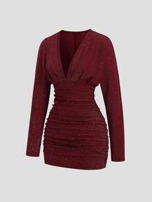 StreetHx Y2K Sexy Elegant Party Commute Textured Fabric Glitter Dress - Burgundy - View 3