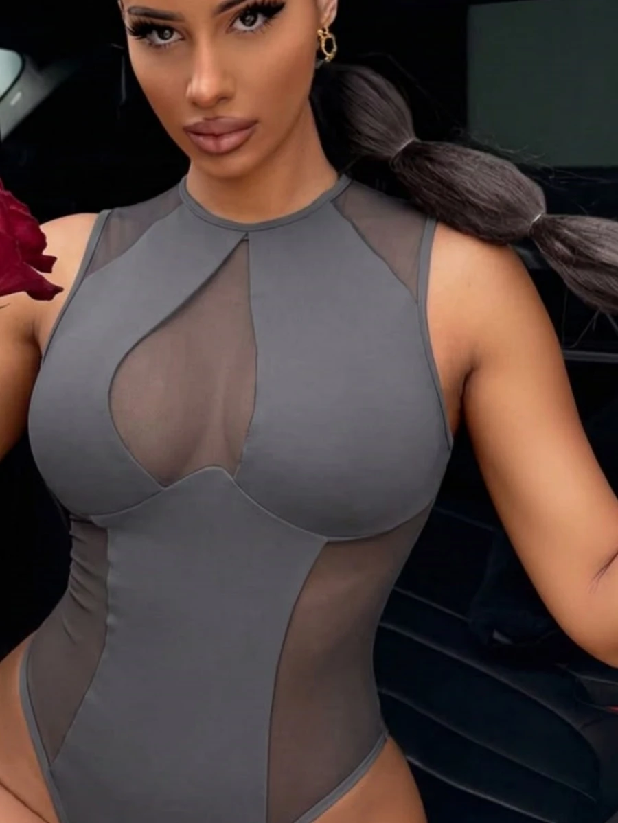SHEIN SXY 女士白色网纱拼接无袖性感连体衣 - 深灰色 - 查看 1
