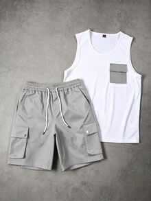 Manfinity Homme Men's Spring/Summer Colorblock Mature Casual Tank Top And Shorts Set - Light Grey - View 4