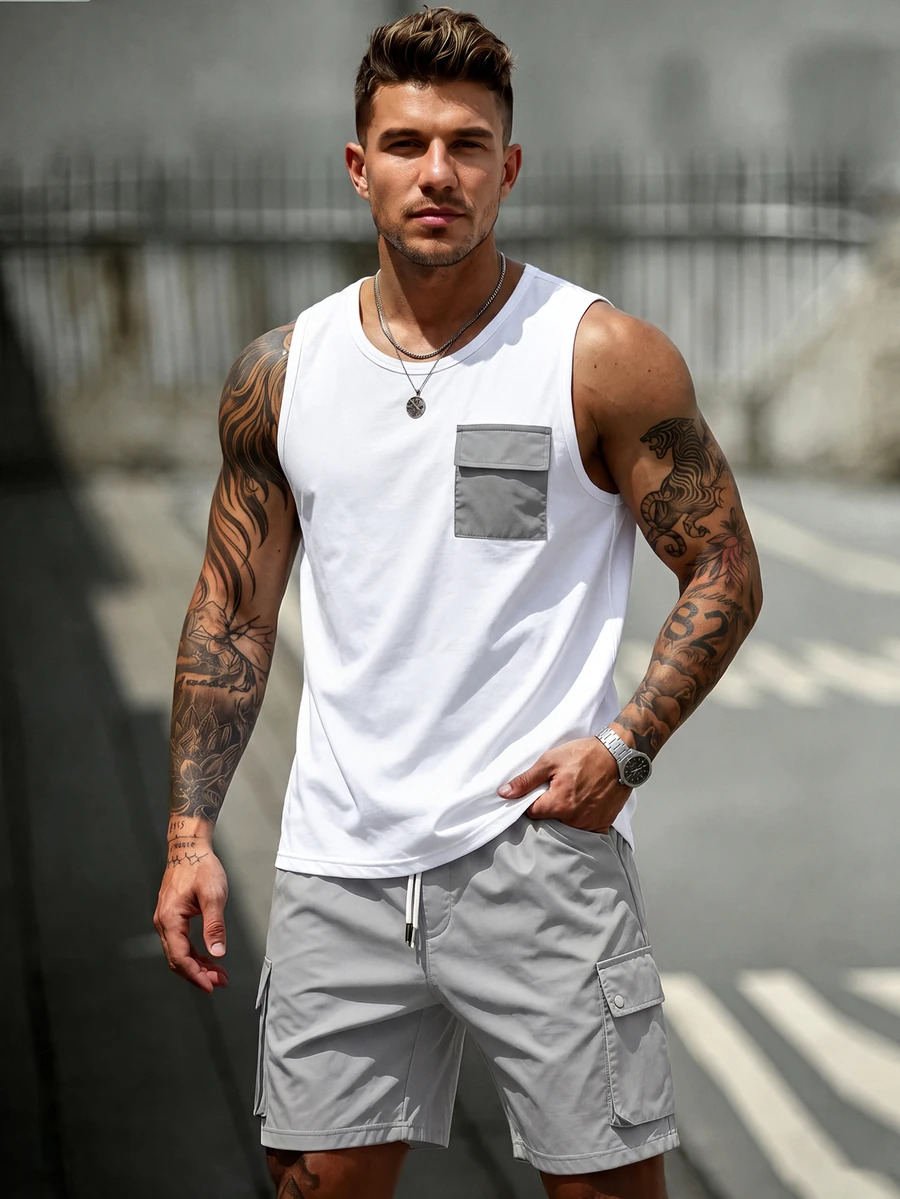 Manfinity Homme Men's Spring/Summer Colorblock Mature Casual Tank Top And Shorts Set - Light Grey - View 1
