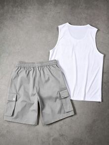 Manfinity Homme Men's Spring/Summer Colorblock Mature Casual Tank Top And Shorts Set - Light Grey - View 5