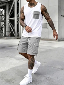 Manfinity Homme Men's Spring/Summer Colorblock Mature Casual Tank Top And Shorts Set - Light Grey - View 3