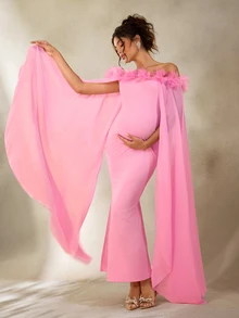 Cheriluna Maternity 优雅孕妇摄影连衣裙，粉色露肩长礼服 - 粉色 - 查看 5