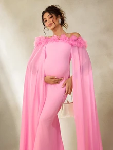 Cheriluna Maternity 优雅孕妇摄影连衣裙，粉色露肩长礼服 - 粉色 - 查看 7