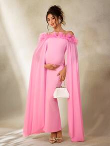 Cheriluna Maternity 优雅孕妇摄影连衣裙，粉色露肩长礼服 - 粉色 - 查看 6