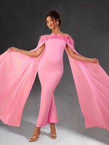 Cheriluna Maternity 优雅孕妇摄影连衣裙，粉色露肩长礼服 - 粉色 - 查看 1