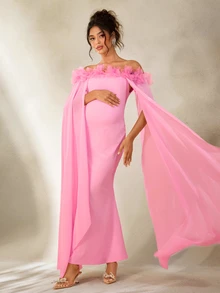 Cheriluna Maternity 优雅孕妇摄影连衣裙，粉色露肩长礼服 - 粉色 - 查看 4