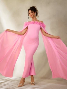 Cheriluna Maternity 优雅孕妇摄影连衣裙，粉色露肩长礼服 - 粉色 - 查看 2