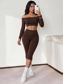 SHEIN Dewbera طقم رياضي نسائي بلون موحد يتكون من توب قصير مكشوف الكتفين وسروال ضيق - قهوة بني - مشاهدة 1