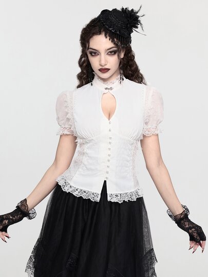 Courtly Gothic Napoleon Collar Design Lace Trim Adjustable Tie Petal Sleeve Slim Fit Blouse