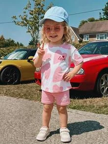 THE HAPPY LOOK Young Girl Heart Pattern Knit Soft Round Neck Short Sleeve Pullover Top And Elastic Waist Shorts 2-Piece Set - Pink - View 6