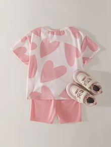 THE HAPPY LOOK Young Girl Heart Pattern Knit Soft Round Neck Short Sleeve Pullover Top And Elastic Waist Shorts 2-Piece Set - Pink - View 2