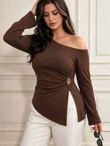 Elegantrix Women's Plus Size Autumn Off-Shoulder Side Metal Buckle Ruched Slit Knit Top, Asymmetrical Hem Slim Fit French Style Commute Long Sleeve Base Layer - Coffee Brown - View 4