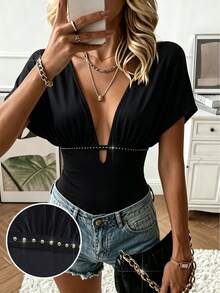 EMERY ROSE Deep V Rhinestone Trim Back Tie Ruched Short Sleeve Slim Fitted Tee - Black - View 1