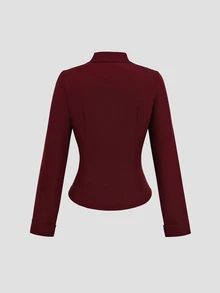 Sweetra Kemeja Lengan Panjang Kasual Serbaguna Wanita dengan Motif Renda dan Patchwork - Burgundy - View 2