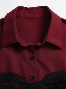 Sweetra Kemeja Lengan Panjang Kasual Serbaguna Wanita dengan Motif Renda dan Patchwork - Burgundy - View 4