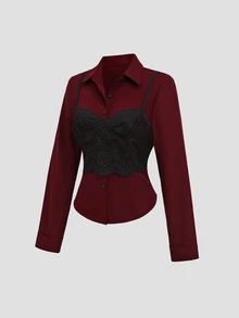 Sweetra Kemeja Lengan Panjang Kasual Serbaguna Wanita dengan Motif Renda dan Patchwork - Burgundy - View 3