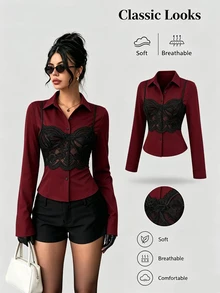 Sweetra Kemeja Lengan Panjang Kasual Serbaguna Wanita dengan Motif Renda dan Patchwork - Burgundy - View 7