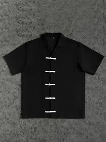 Manfinity CasualCool 男士時尚休閒青蛙鈕扣短袖襯衫，度假百搭 - 黑色 - 查看 7