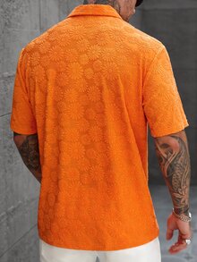 Manfinity Homme 男士加大码休闲橙色纹理针织提花宽松短袖衬衫 - 橘色 - 查看 5