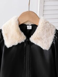 SHEIN Elladie kids 女童短版皮革夾克，配柔軟毛絨大領口與亮面PU皮革，泡泡袖設計，拉鍊開合方便穿脫，修身剪裁顯比例，時尚百搭，適合秋冬 - 黑色 - 查看 7