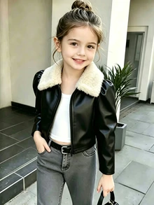 SHEIN Elladie kids 女童短版皮革夾克，配柔軟毛絨大領口與亮面PU皮革，泡泡袖設計，拉鍊開合方便穿脫，修身剪裁顯比例，時尚百搭，適合秋冬 - 黑色 - 查看 4