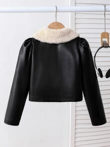 SHEIN Elladie kids 女童短版皮革夾克，配柔軟毛絨大領口與亮面PU皮革，泡泡袖設計，拉鍊開合方便穿脫，修身剪裁顯比例，時尚百搭，適合秋冬 - 黑色 - 查看 3