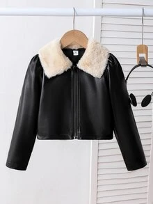 SHEIN Elladie kids 女童短版皮革夾克，配柔軟毛絨大領口與亮面PU皮革，泡泡袖設計，拉鍊開合方便穿脫，修身剪裁顯比例，時尚百搭，適合秋冬 - 黑色 - 查看 5