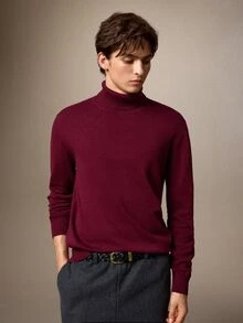 Calmiston Men's Solid Color Cotton Minimalist Versatile Long Sleeve Sweater For Daily Wear Christmas - Burgundy - View 7
