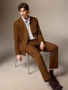 Calmiston Men's Solid Color Long Sleeve Jacket And Pants Casual Suit Set Men's Italian-Tailored Relaxed Suit Set – Smart Casual, Business Commuting, Old Money & - Rust Brown - View 12