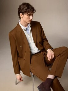 Calmiston Men's Solid Color Long Sleeve Jacket And Pants Casual Suit Set Men's Italian-Tailored Relaxed Suit Set – Smart Casual, Business Commuting, Old Money & - Rust Brown - View 9