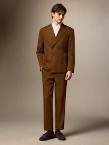 Calmiston Men's Solid Color Long Sleeve Jacket And Pants Casual Suit Set Men's Italian-Tailored Relaxed Suit Set – Smart Casual, Business Commuting, Old Money & - Rust Brown - View 4
