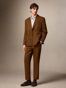 Calmiston Men's Solid Color Long Sleeve Jacket And Pants Casual Suit Set Men's Italian-Tailored Relaxed Suit Set – Smart Casual, Business Commuting, Old Money & - Rust Brown - View 5