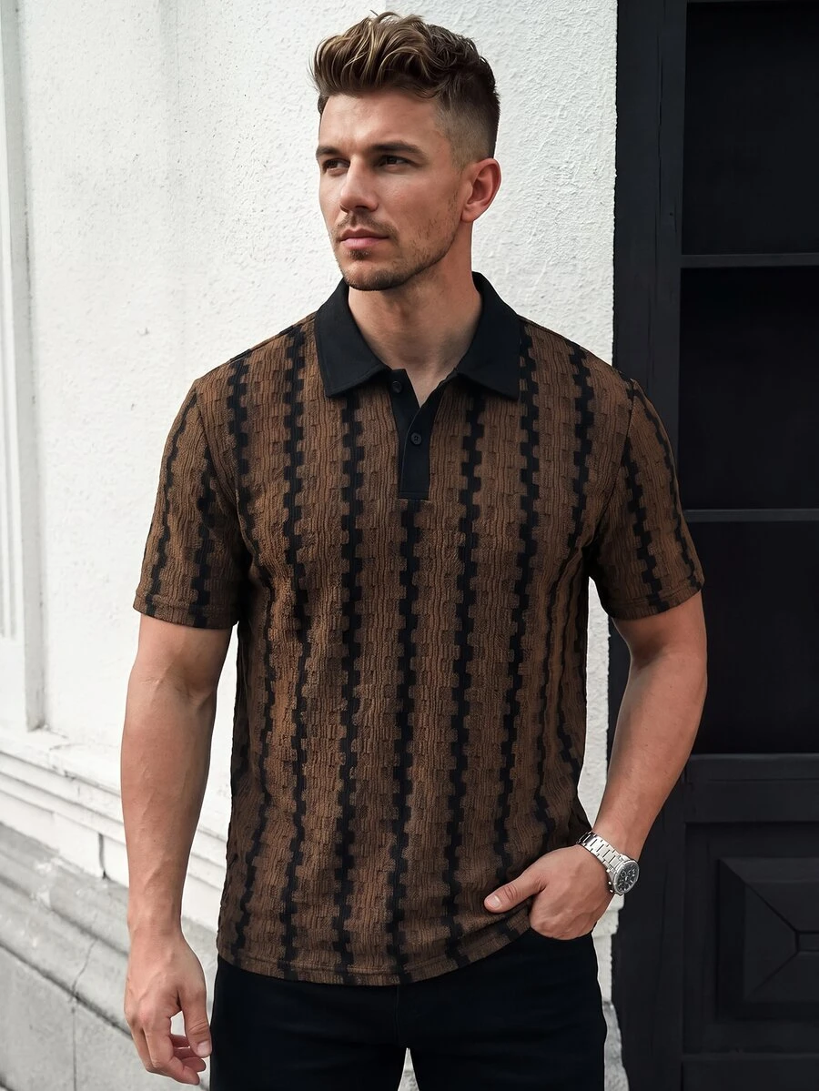 Manfinity CasualCool Men's Colorblock Collared Short Sleeve Polo Shirt, Vintage Geometric Jacquard Casual Top - Mocha Brown - View 1