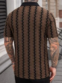 Manfinity CasualCool Men's Colorblock Collared Short Sleeve Polo Shirt, Vintage Geometric Jacquard Casual Top - Mocha Brown - View 7