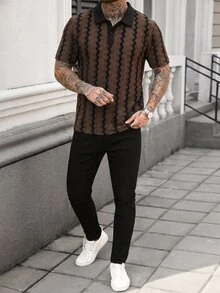 Manfinity CasualCool Men's Colorblock Collared Short Sleeve Polo Shirt, Vintage Geometric Jacquard Casual Top - Mocha Brown - View 6