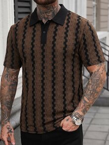 Manfinity CasualCool Men's Colorblock Collared Short Sleeve Polo Shirt, Vintage Geometric Jacquard Casual Top - Mocha Brown - View 2