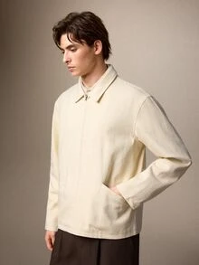 Calmiston Men's Solid Color Long Sleeve Zip-Up Casual Jacket - Apricot - View 6